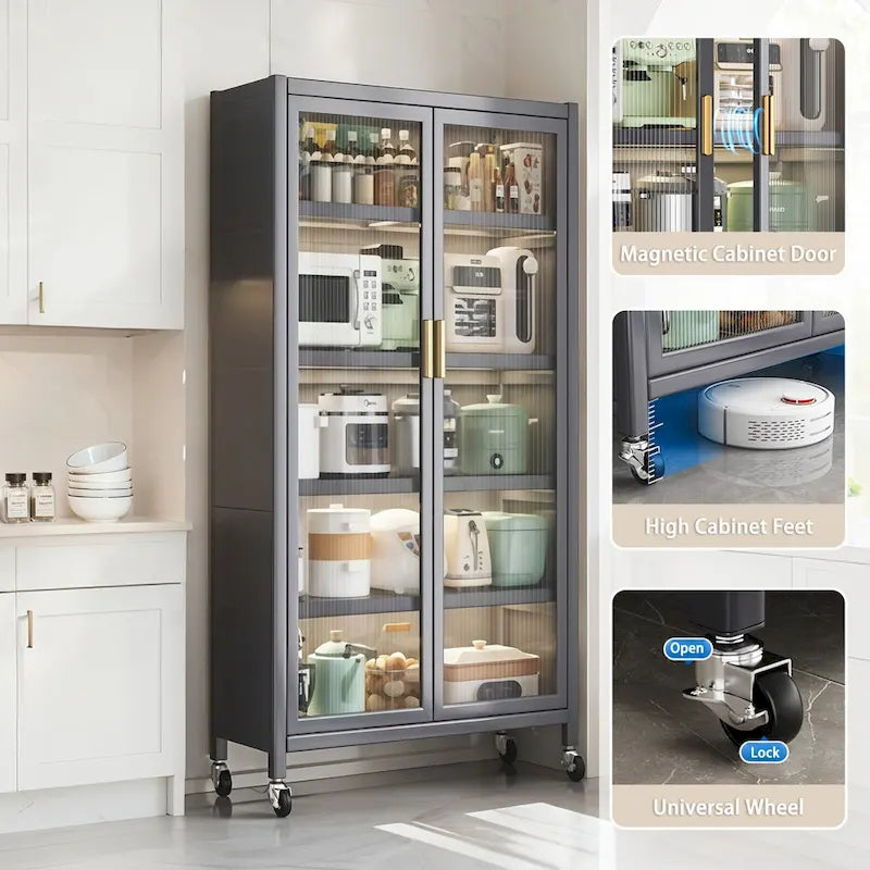 Meuble de rangement pour garde-manger de cuisine, meuble de rangement en métal à 6 niveaux avec porte transparente, étagères réglables et roulettes