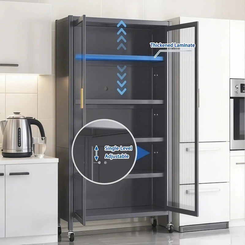 Meuble de rangement pour garde-manger de cuisine, meuble de rangement en métal à 6 niveaux avec porte transparente, étagères réglables et roulettes