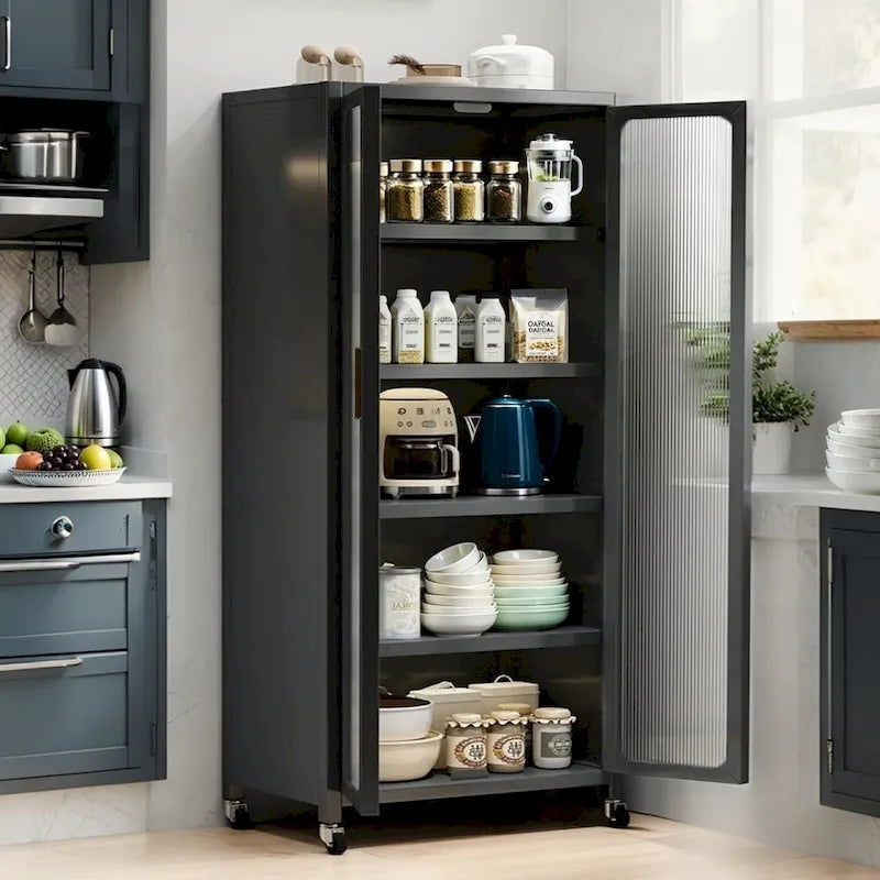 Meuble de rangement pour garde-manger de cuisine, meuble de rangement en métal à 6 niveaux avec porte transparente, étagères réglables et roulettes