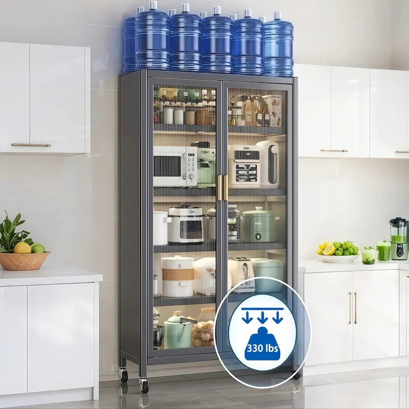 Meuble de rangement pour garde-manger de cuisine, meuble de rangement en métal à 6 niveaux avec porte transparente, étagères réglables et roulettes