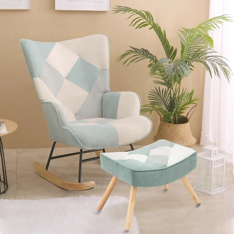 Fauteuil à bascule haut de gamme, moderne et coloré, en tissu bleu, de 90 cm de hauteur, avec pouf et pieds en bois, pour salon
