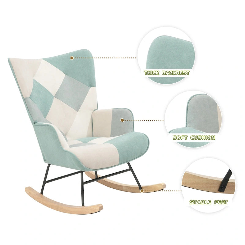 Fauteuil à bascule haut de gamme, moderne et coloré, en tissu bleu, de 90 cm de hauteur, avec pouf et pieds en bois, pour salon