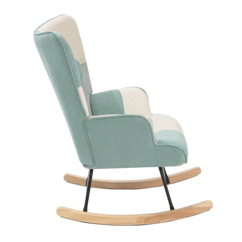Fauteuil à bascule haut de gamme, moderne et coloré, en tissu bleu, de 90 cm de hauteur, avec pouf et pieds en bois, pour salon