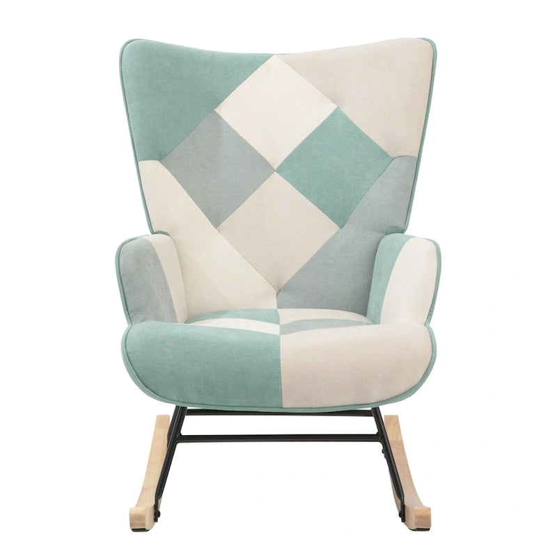 Fauteuil à bascule haut de gamme, moderne et coloré, en tissu bleu, de 90 cm de hauteur, avec pouf et pieds en bois, pour salon