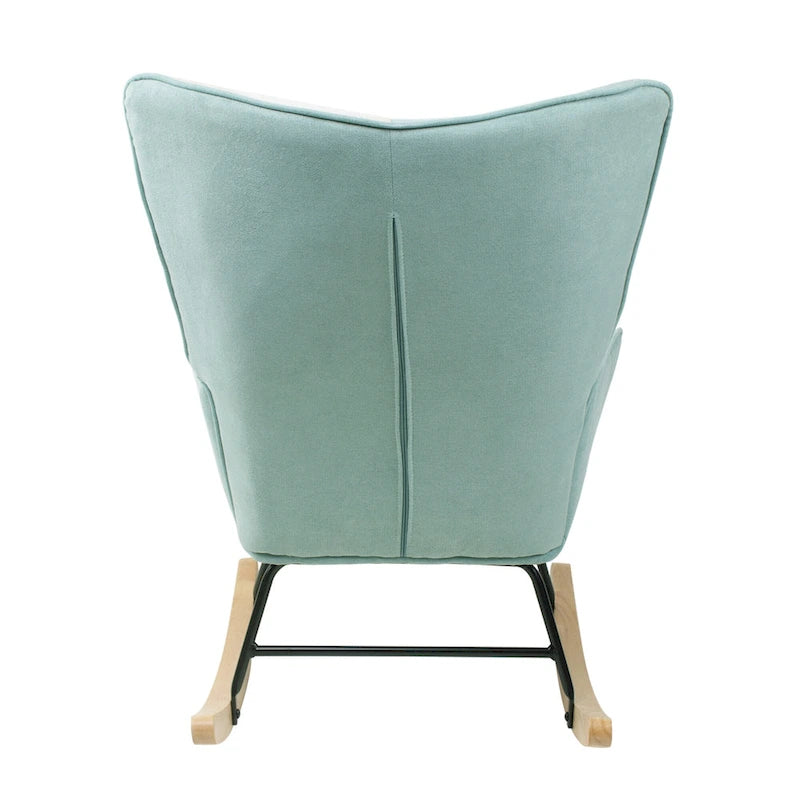 Fauteuil à bascule haut de gamme, moderne et coloré, en tissu bleu, de 90 cm de hauteur, avec pouf et pieds en bois, pour salon