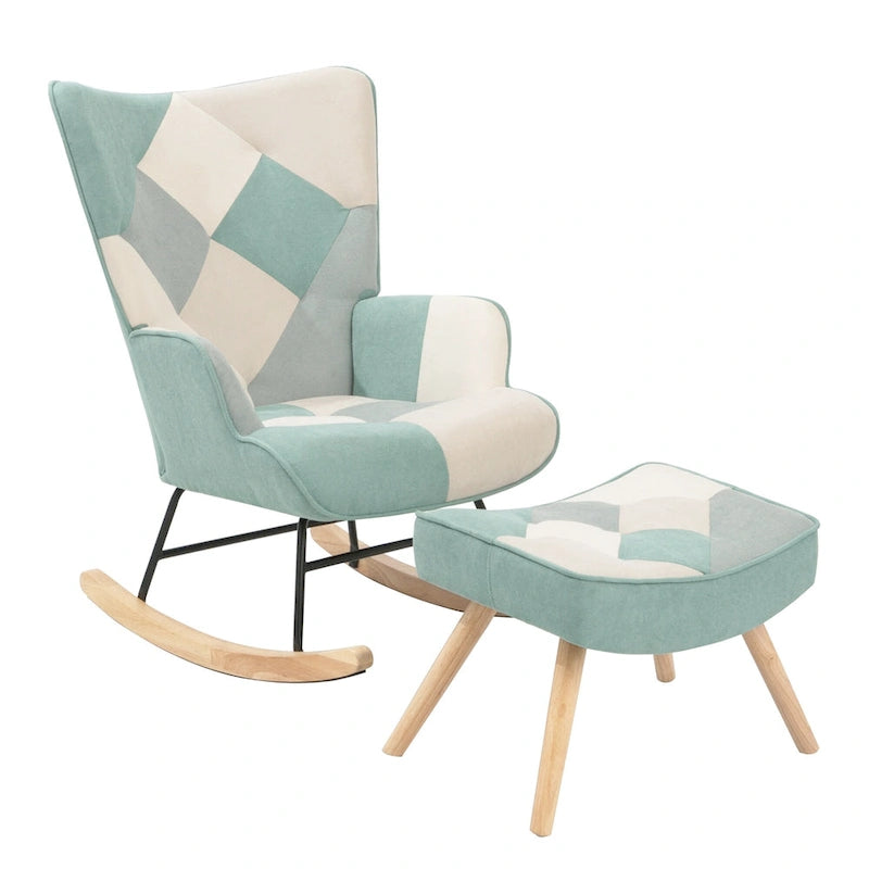 Fauteuil à bascule haut de gamme, moderne et coloré, en tissu bleu, de 90 cm de hauteur, avec pouf et pieds en bois, pour salon