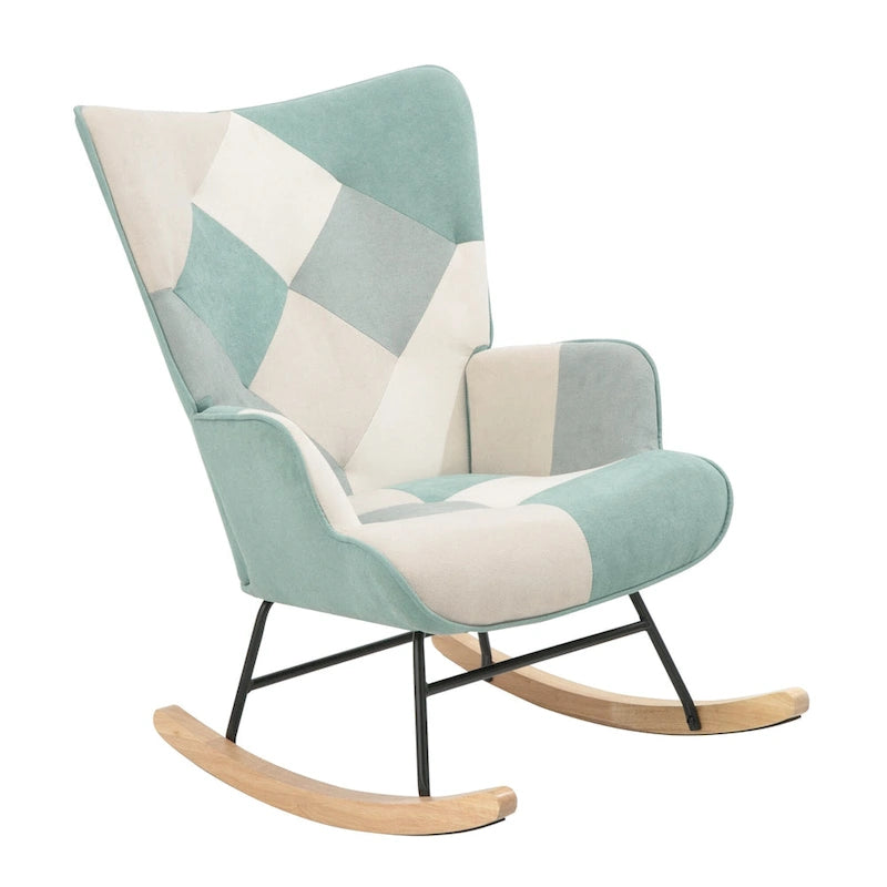 Fauteuil à bascule haut de gamme, moderne et coloré, en tissu bleu, de 90 cm de hauteur, avec pouf et pieds en bois, pour salon