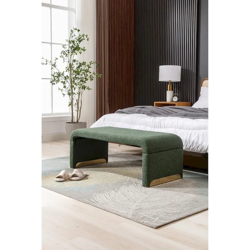 Banquette de chambre à coucher moderne en tissu bouclette, pouf et repose-pieds avec pieds en métal doré