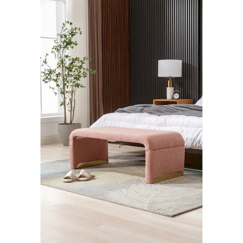 Banquette de chambre à coucher moderne en tissu bouclette, pouf et repose-pieds avec pieds en métal doré