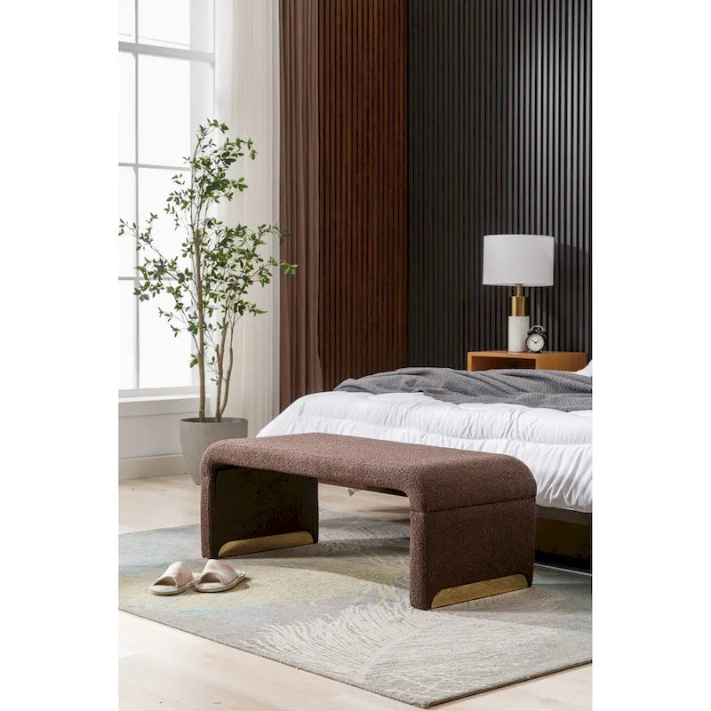 Banquette de chambre à coucher moderne en tissu bouclette, pouf et repose-pieds avec pieds en métal doré