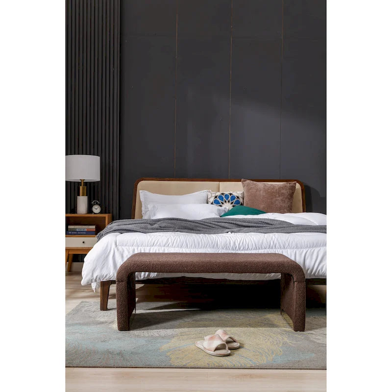 Banquette de chambre à coucher moderne en tissu bouclette, pouf et repose-pieds avec pieds en métal doré
