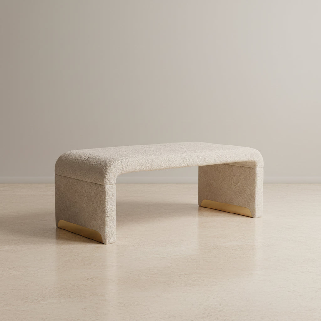 Banquette de chambre à coucher moderne en tissu bouclette, pouf et repose-pieds avec pieds en métal doré