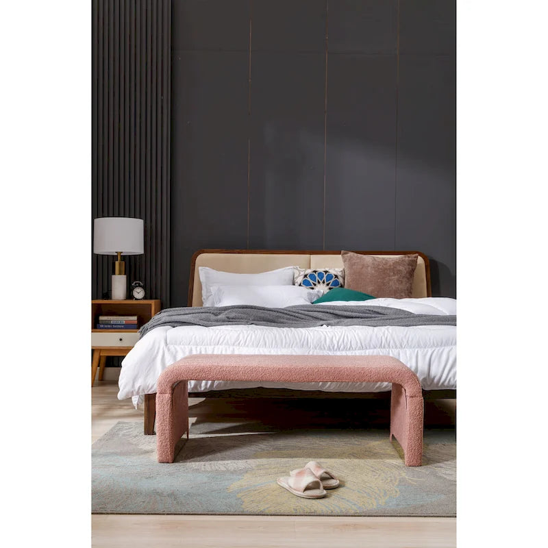 Banquette de chambre à coucher moderne en tissu bouclette, pouf et repose-pieds avec pieds en métal doré