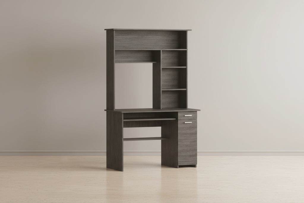 Bureau avec étagère supérieure à 5 niveaux, plateau coulissant pour clavier, support UC et tiroir