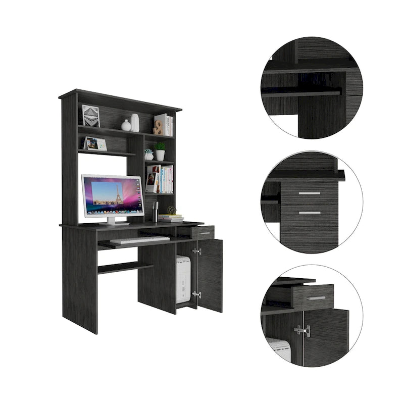 Bureau avec étagère supérieure à 5 niveaux, plateau coulissant pour clavier, support UC et tiroir