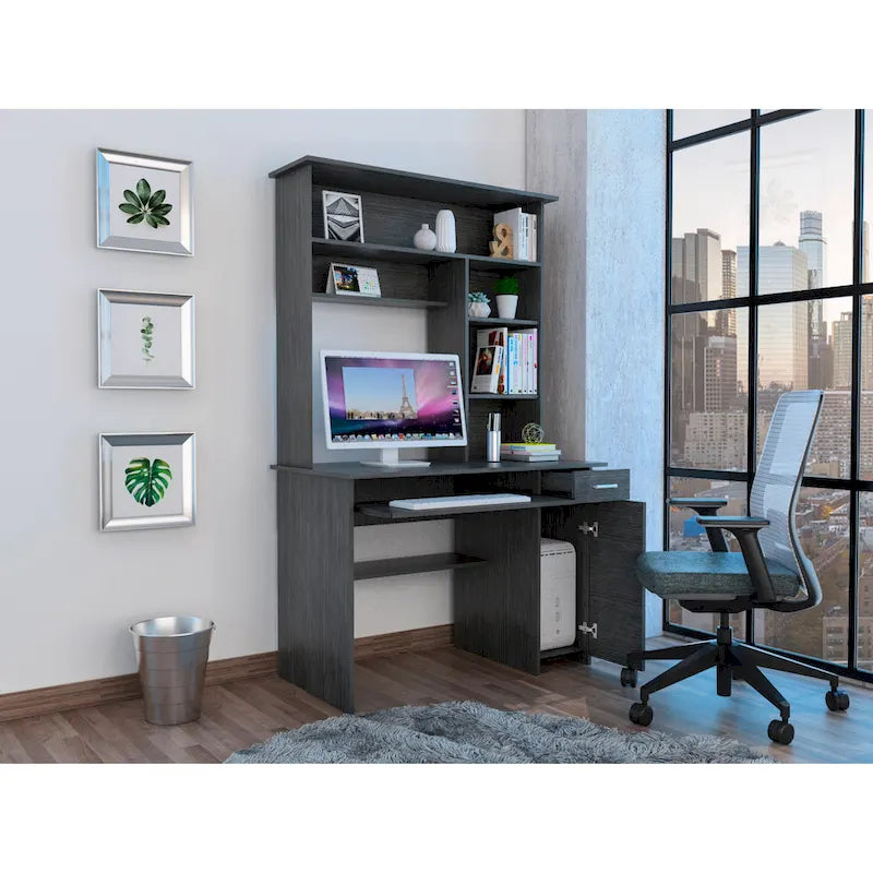 Bureau avec étagère supérieure à 5 niveaux, plateau coulissant pour clavier, support UC et tiroir