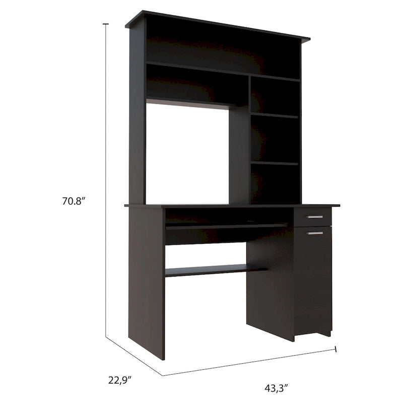 Bureau avec étagère supérieure à 5 niveaux, plateau coulissant pour clavier, support UC et tiroir