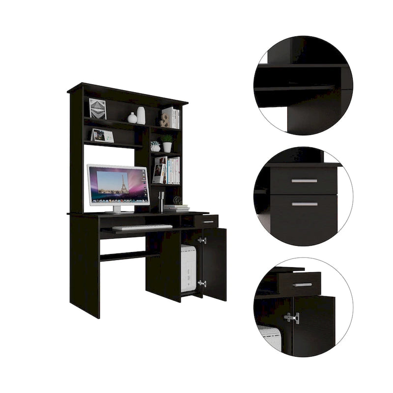 Bureau avec étagère supérieure à 5 niveaux, plateau coulissant pour clavier, support UC et tiroir
