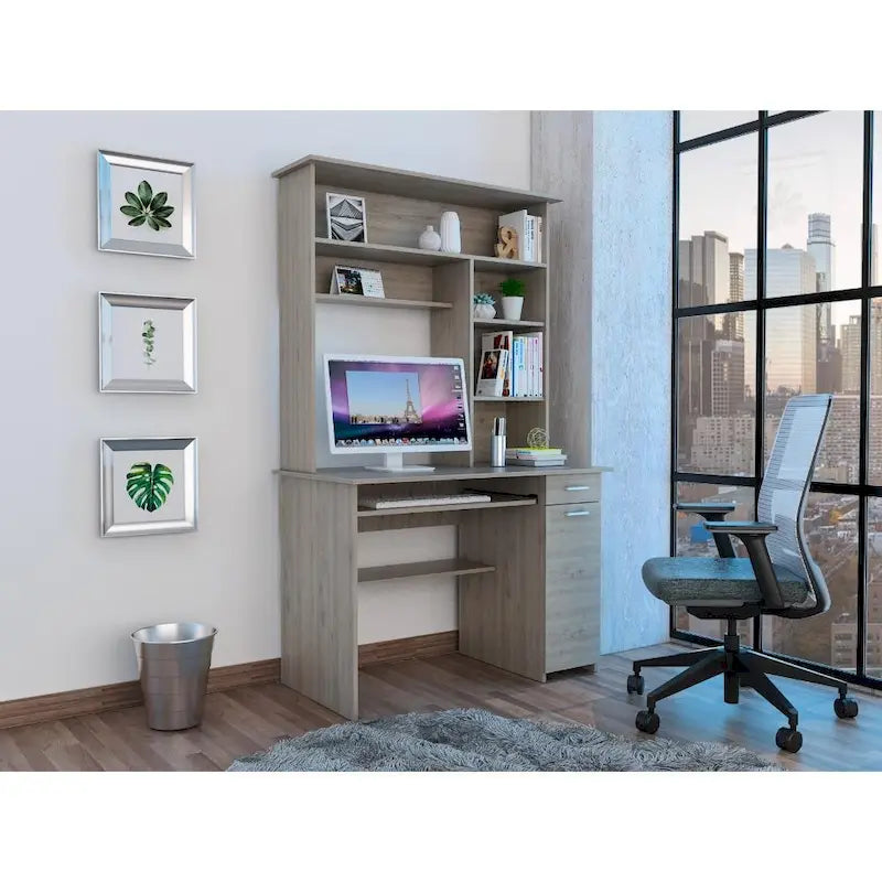 Bureau avec étagère supérieure à 5 niveaux, plateau coulissant pour clavier, support UC et tiroir