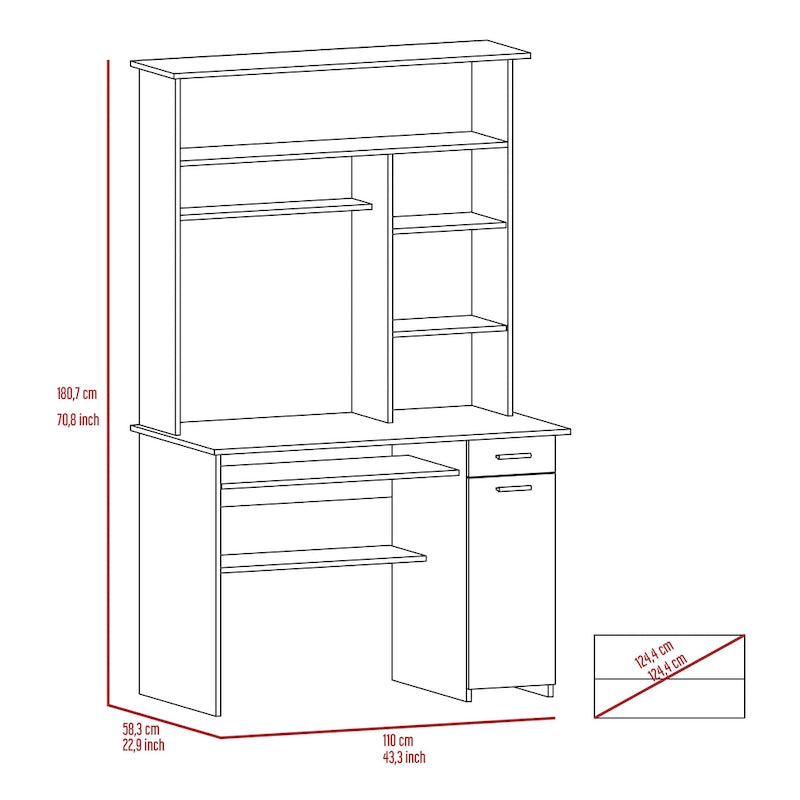 Bureau avec étagère supérieure à 5 niveaux, plateau coulissant pour clavier, support UC et tiroir