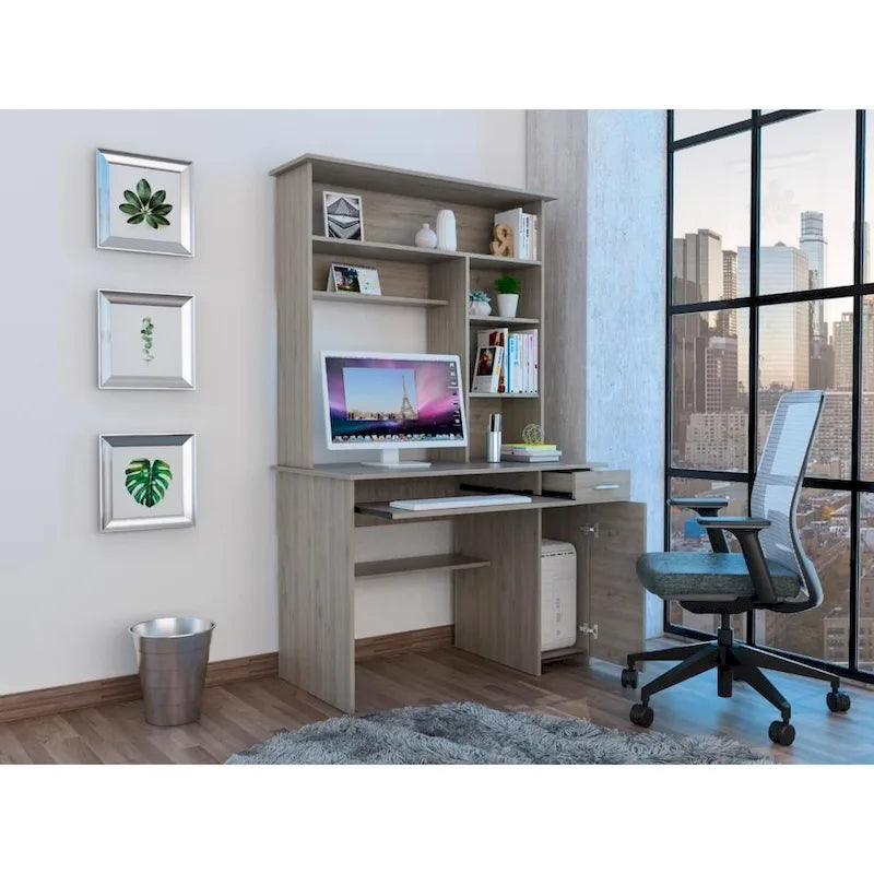 Bureau avec étagère supérieure à 5 niveaux, plateau coulissant pour clavier, support UC et tiroir