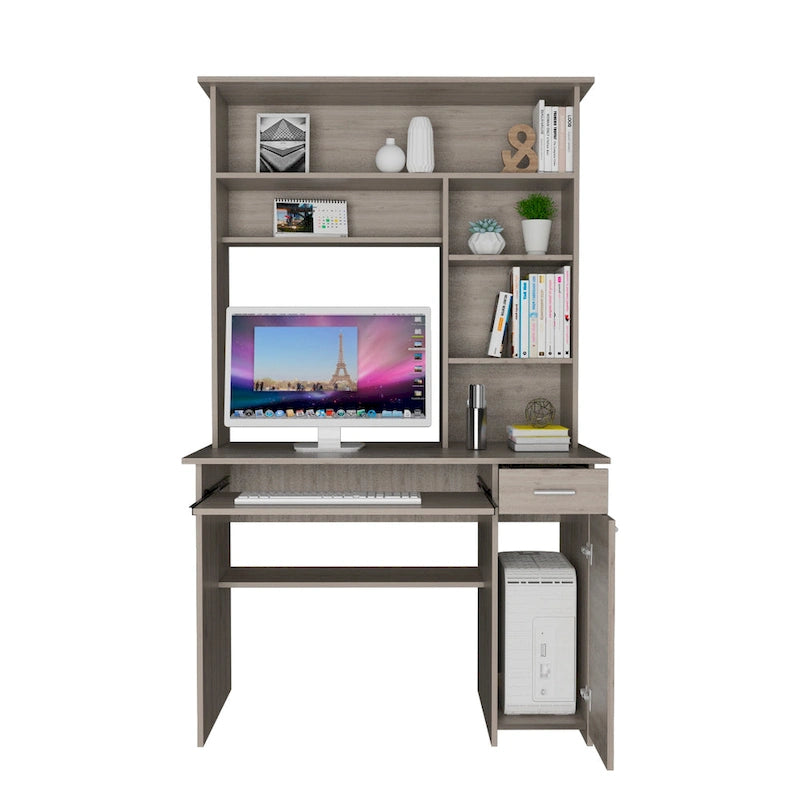 Bureau avec étagère supérieure à 5 niveaux, plateau coulissant pour clavier, support UC et tiroir