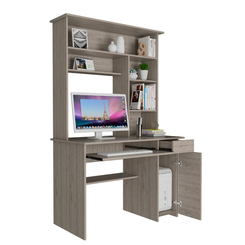 Bureau avec étagère supérieure à 5 niveaux, plateau coulissant pour clavier, support UC et tiroir