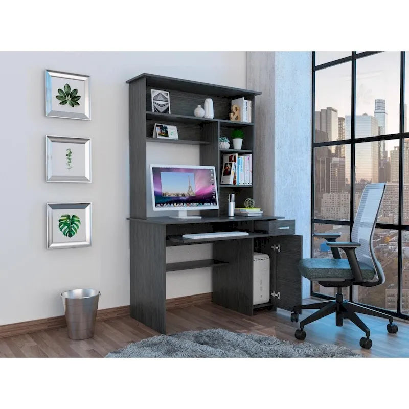 Bureau avec étagère supérieure à 5 niveaux, plateau coulissant pour clavier, support UC et tiroir