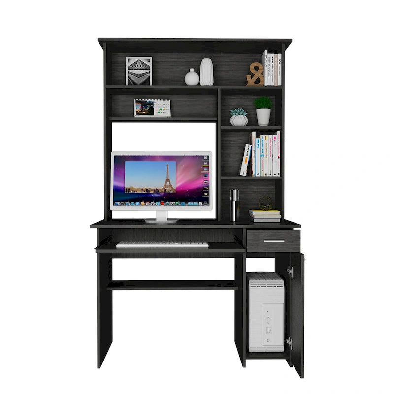 Bureau avec étagère supérieure à 5 niveaux, plateau coulissant pour clavier, support UC et tiroir