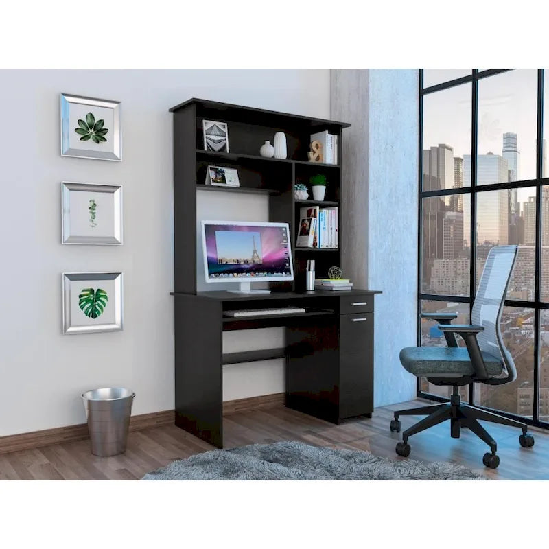 Bureau avec étagère supérieure à 5 niveaux, plateau coulissant pour clavier, support UC et tiroir