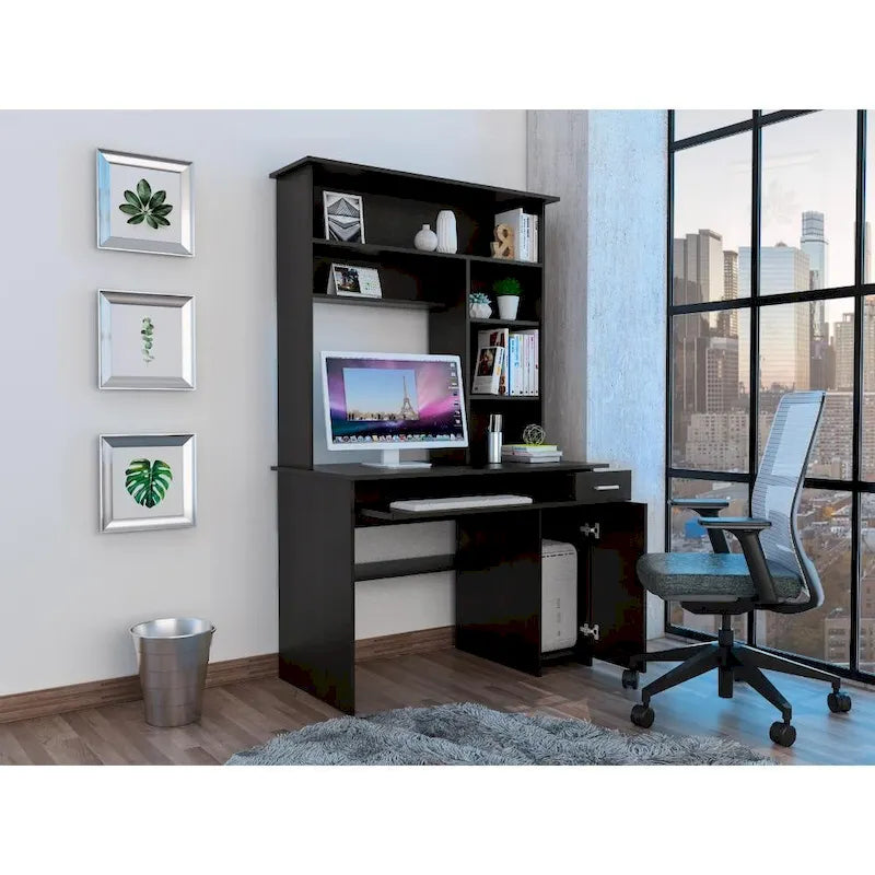 Bureau avec étagère supérieure à 5 niveaux, plateau coulissant pour clavier, support UC et tiroir