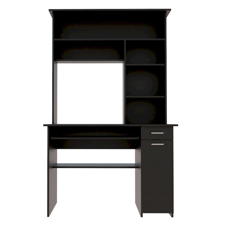 Bureau avec étagère supérieure à 5 niveaux, plateau coulissant pour clavier, support UC et tiroir