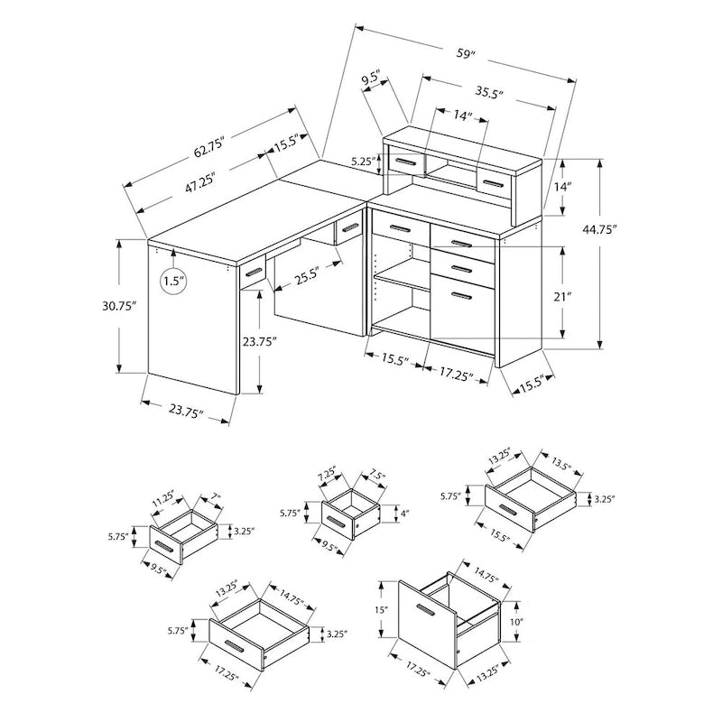 Bureau d'ordinateur d'angle en L gris de 59 po avec 8 tiroirs