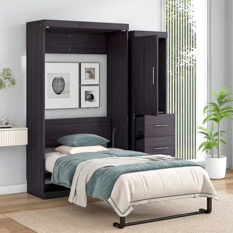 Lit escamotable double avec armoire et tiroirs, lit de rangement, se plie en armoire, gris