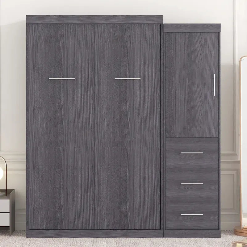 Lit escamotable double avec armoire et tiroirs, lit de rangement, se plie en armoire, gris
