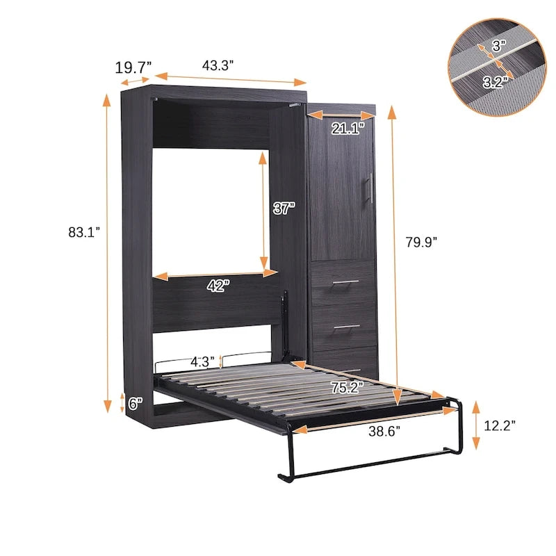 Lit escamotable double avec armoire et tiroirs, lit de rangement, se plie en armoire, gris