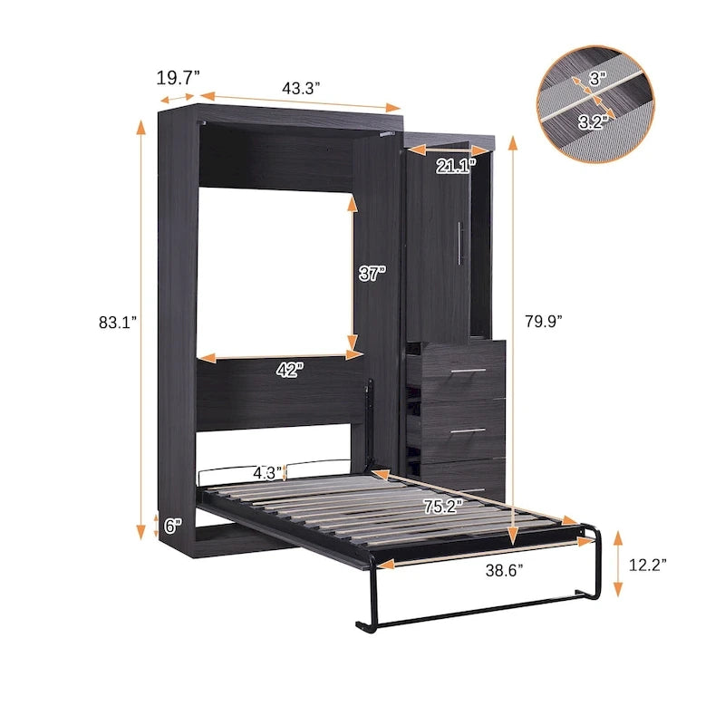 Lit escamotable double avec armoire et tiroirs, lit de rangement, se plie en armoire, gris