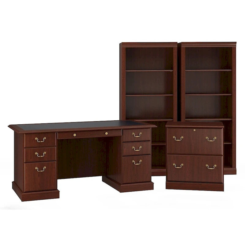 Bureau de direction, classeur latéral et deux bibliothèques à 5 étagères couleur merisier.