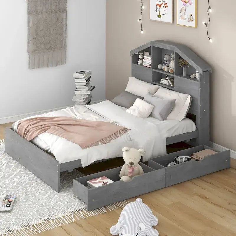 Wood Platform Bed with House-Shaped Storage Headboard and 2 Drawers