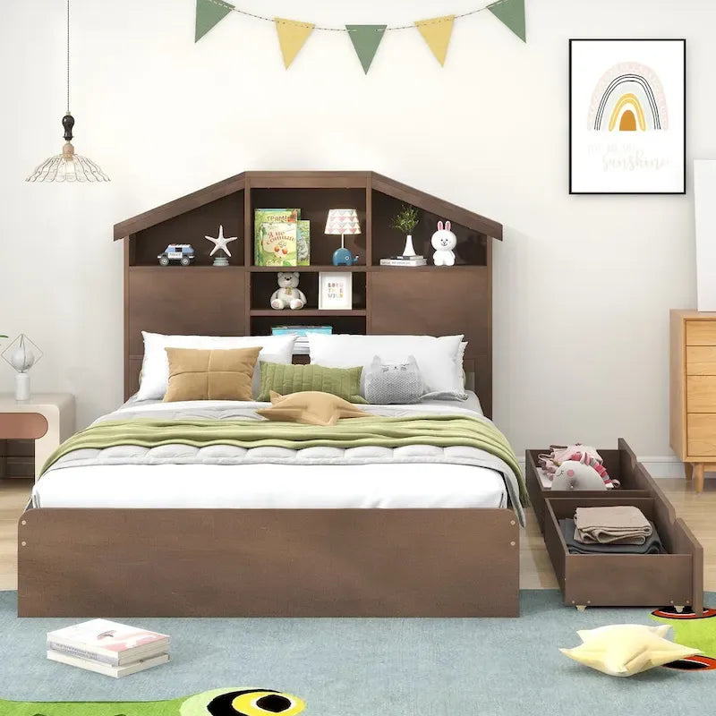 Lit plateforme en bois avec tête de lit de rangement en forme de maison et 2 tiroirs