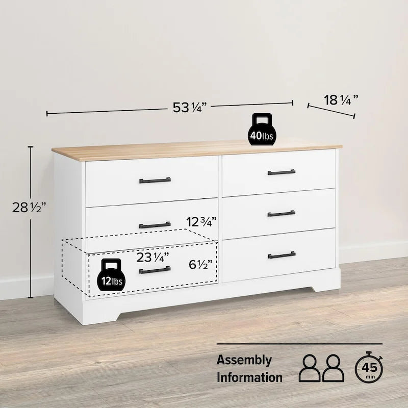 Commode de ferme, commode de chambre en bois avec 6 tiroirs de rangement