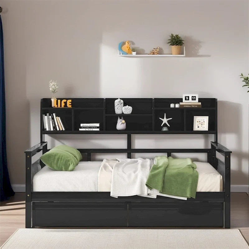 Lit de repos en bois pleine grandeur avec étagère de chevet et deux tiroirs