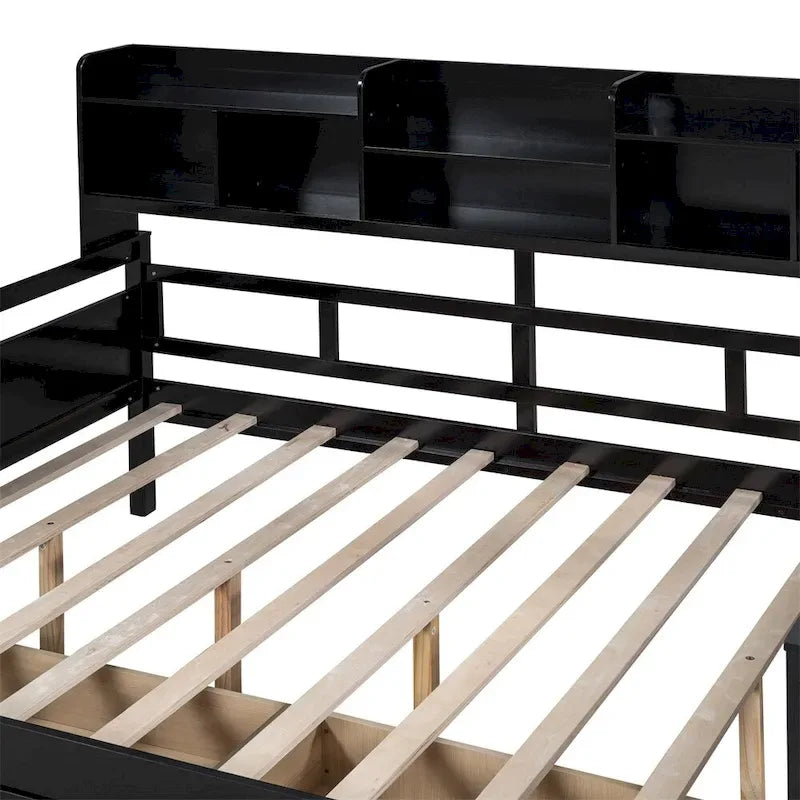 Lit de repos en bois pleine grandeur avec étagère de chevet et deux tiroirs