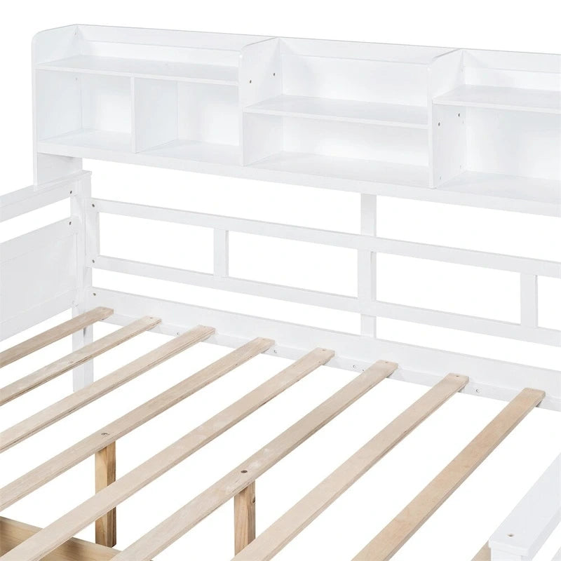 Lit de repos en bois pleine grandeur avec étagère de chevet et deux tiroirs