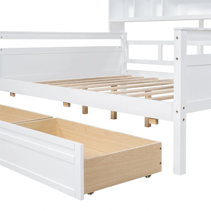 Lit de repos en bois pleine grandeur avec étagère de chevet et deux tiroirs