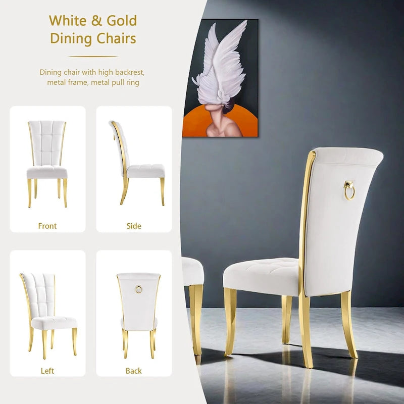Chaises de salle à manger de luxe en velours blanc avec anneau de tirage à l'arrière et pieds en or poli