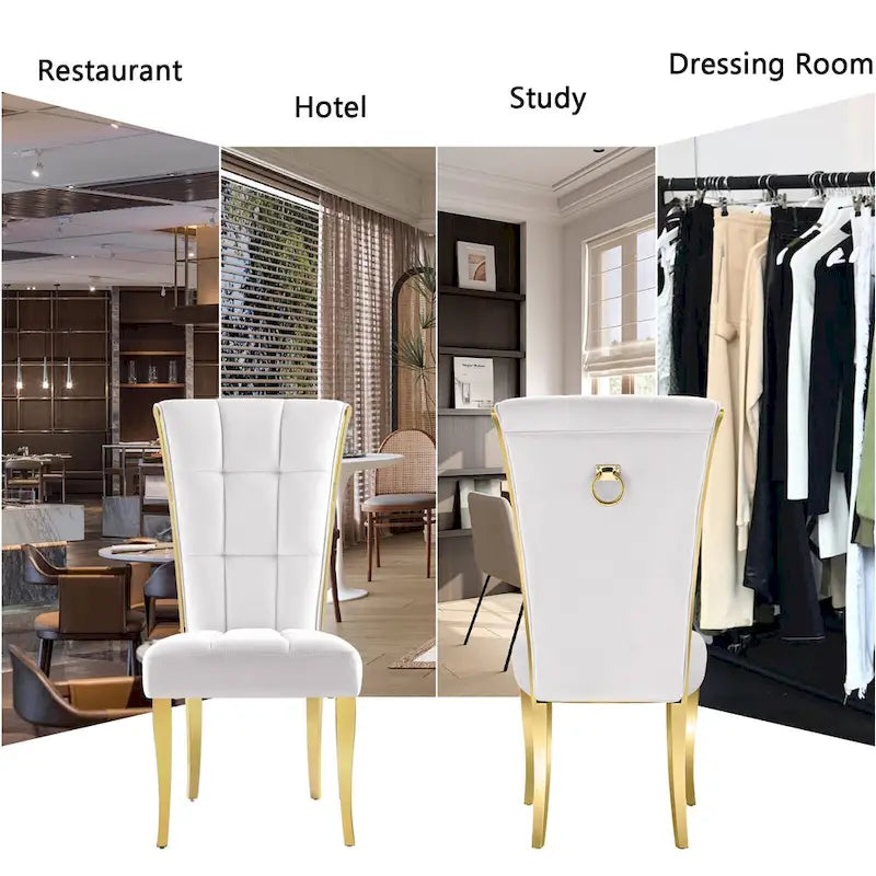 Chaises de salle à manger de luxe en velours blanc avec anneau de tirage à l'arrière et pieds en or poli