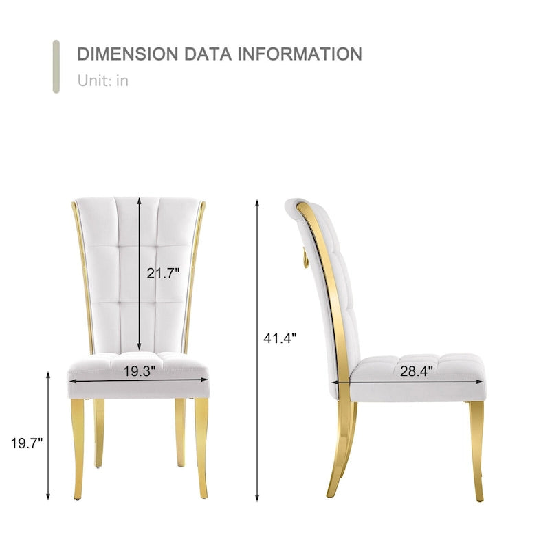Chaises de salle à manger de luxe en velours blanc avec anneau de tirage à l'arrière et pieds en or poli
