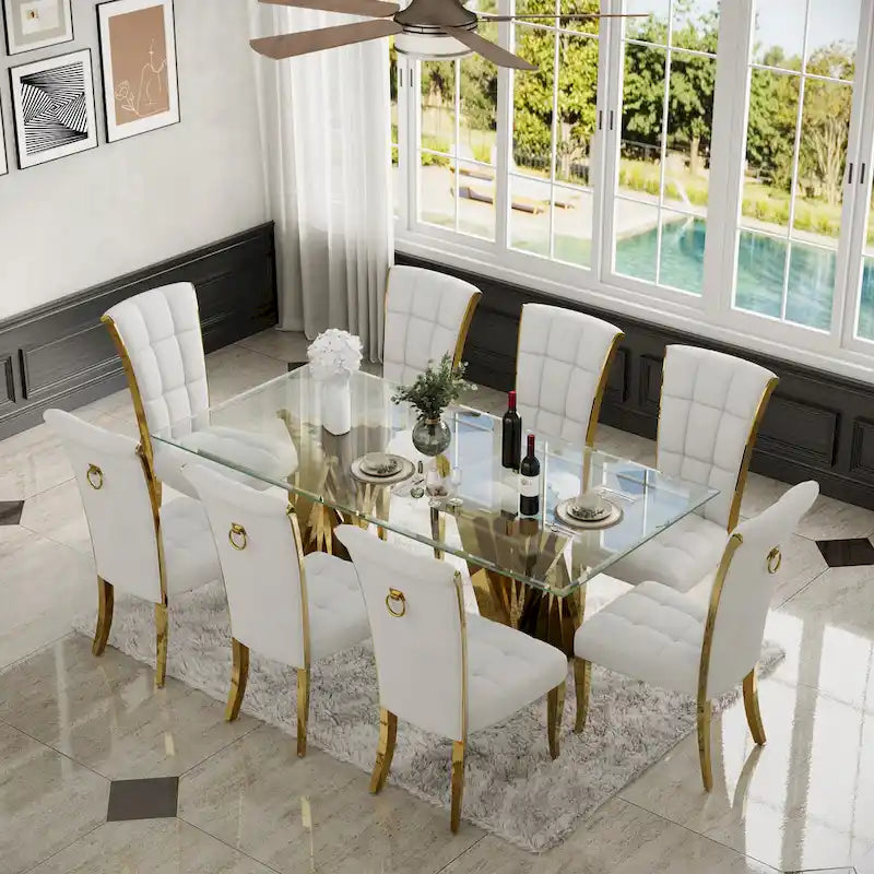 Chaises de salle à manger de luxe en velours blanc avec anneau de tirage à l'arrière et pieds en or poli